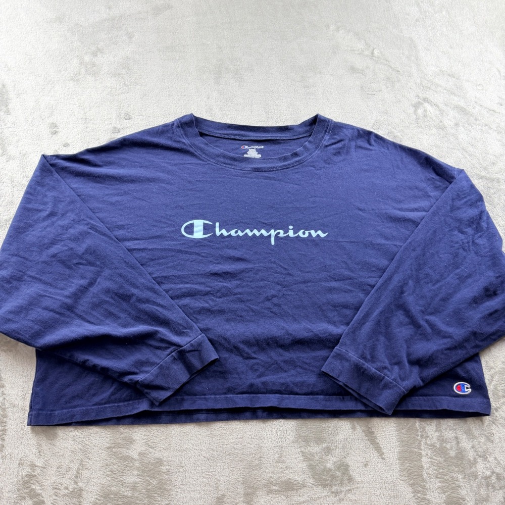 Champion Women's Large Navy Blue Long Sleeve Logo Cropped T-Shirt
